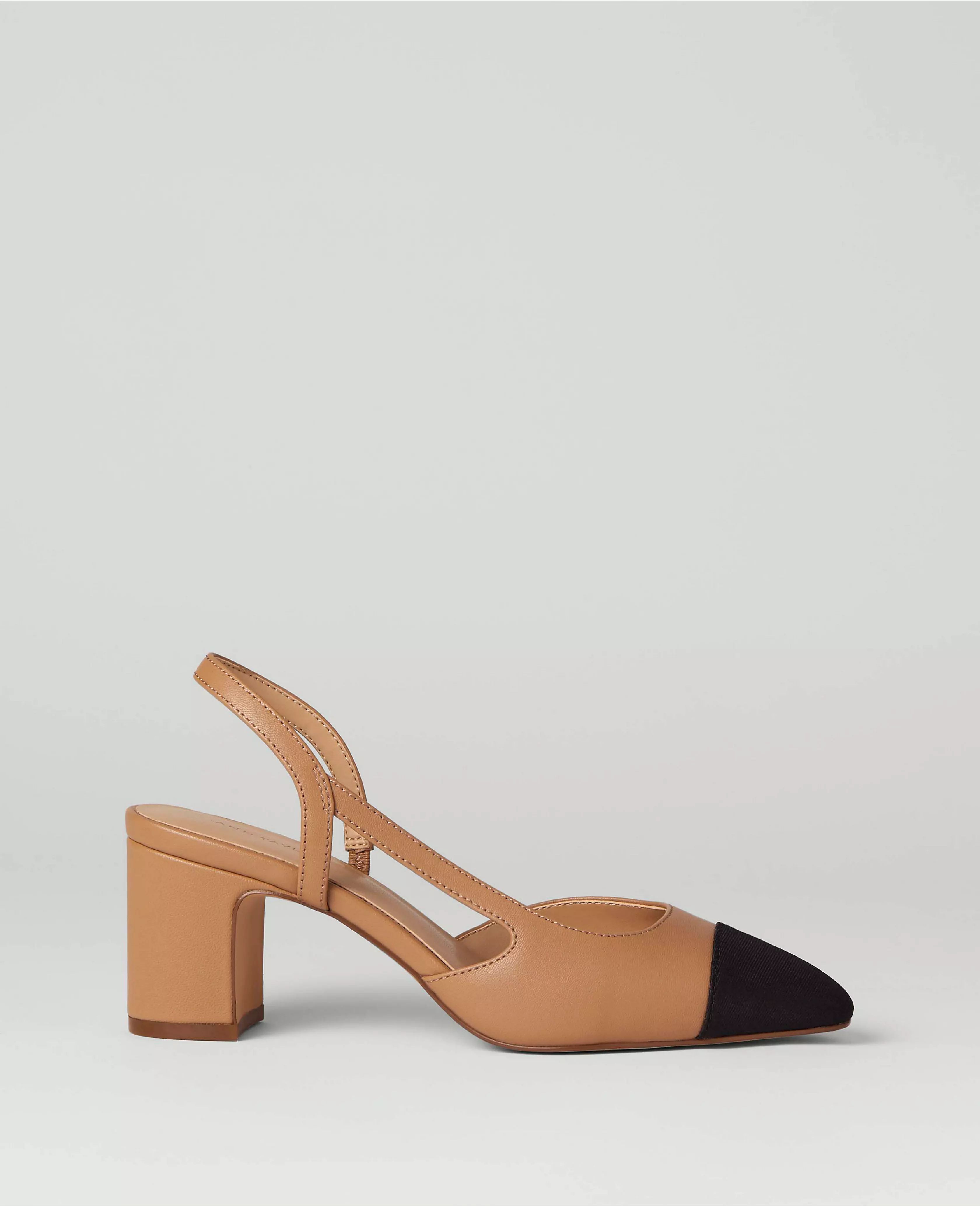 Leather Cap Toe Block Heel Slingback Pumps | Ann Taylor (US)