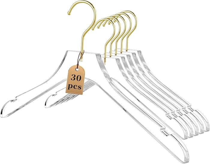 Besser 30 Pack Acrylic Hangers with Gold,Acrylic Clear Hanger,Premium Crystal Dress Swivel Gold H... | Amazon (US)