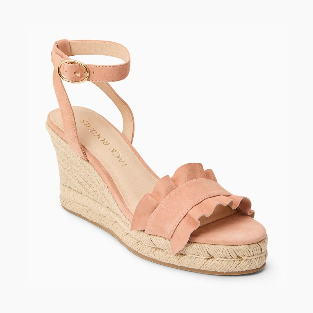 Jack Rogers Rozette Ruffle Wedge | Suede | Toast | Jack Rogers