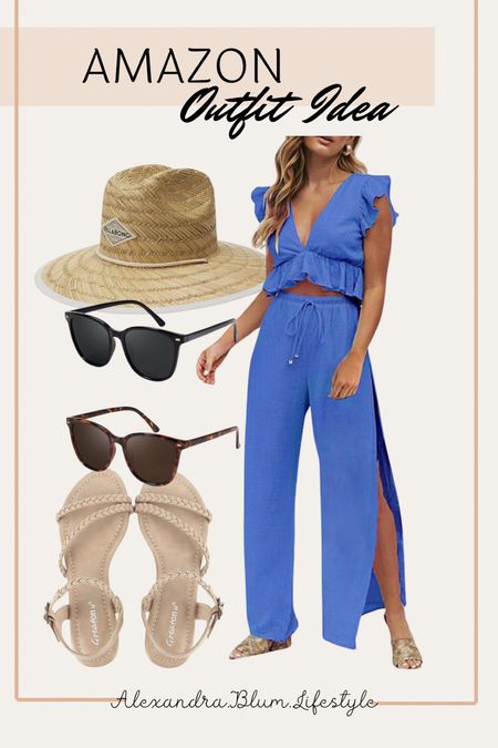 Casual outfit idea from the summer! Two piece matching blue set perfect for the 4th of July! Nude braided sandals, beach hat and 2 pk of sunglasses all from Amazon! 

#LTKStyleTip #LTKFindsUnder50 #LTKShoeCrush