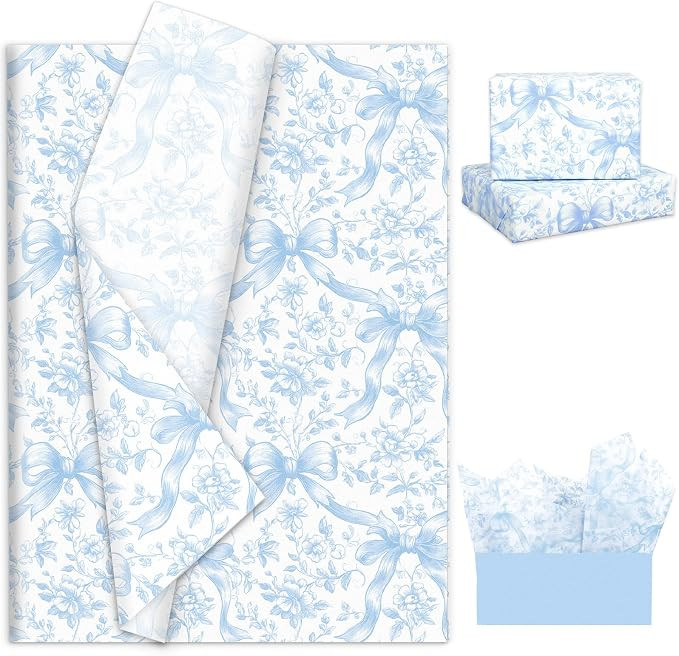FYSUIMU 60 Sheets Blue Bow Floral Tissue Paper Chinoiserie Wrapping Paper DIY Art Crafts Tissue f... | Amazon (US)