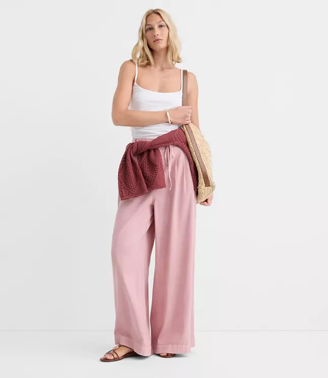 Petite Tie Waist Pleated Palazzo Pants | LOFT