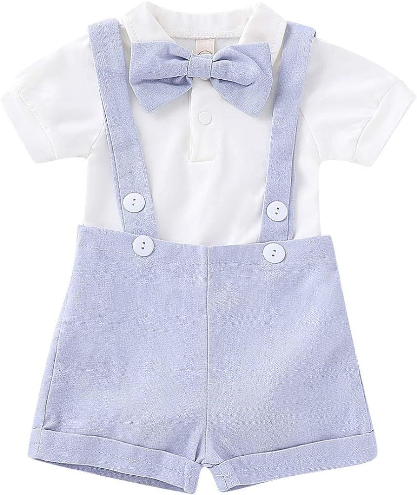 Baby Boys Gentleman Formal Outfits Set Romper with Tie and Overalls Bib Pants Wedding Tuxedo Outfits | Amazon (US)