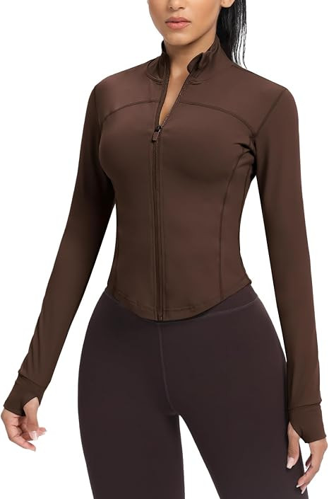 AVGO Women's Cropped Running Workout Jackets Zip Slim Fit Athletic Tops with Thumb Holes | Amazon (US)