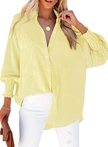 Womens Smocked Cuffed Striped Boyfriend Shirt Casual Collar Long Sleeve Oversized Button Down Blo... | Amazon (US)