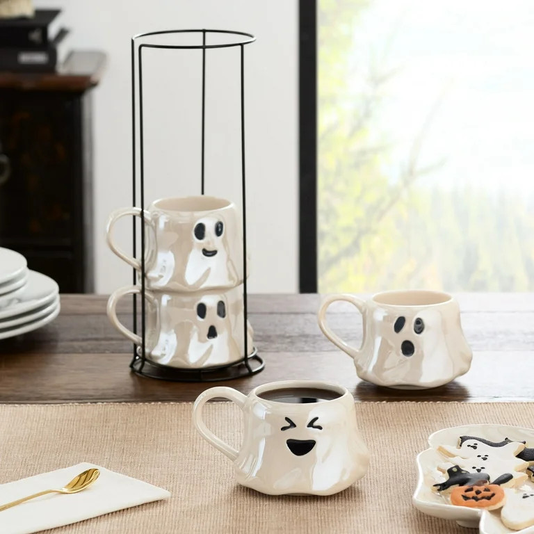 Halloween 13-Ounce White Ghost Stoneware Stackable Mug Set with Iron Rack, by Way To Celebrate | Walmart (US)