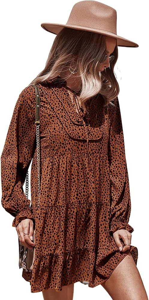 Amegoya Women's Long Sleeve Casual Dresses V Neck Leopard Floral Print Mini Dress Babydoll Ruffle Sw | Amazon (US)