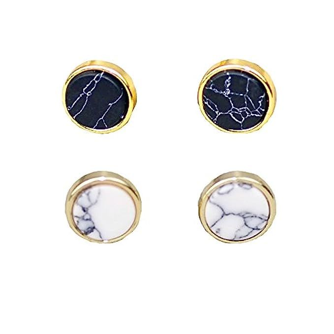 2 Pairs Fashion Round Shape Marble Stone Push Back Stud Earrings Set Jewelry for Women | Amazon (US)