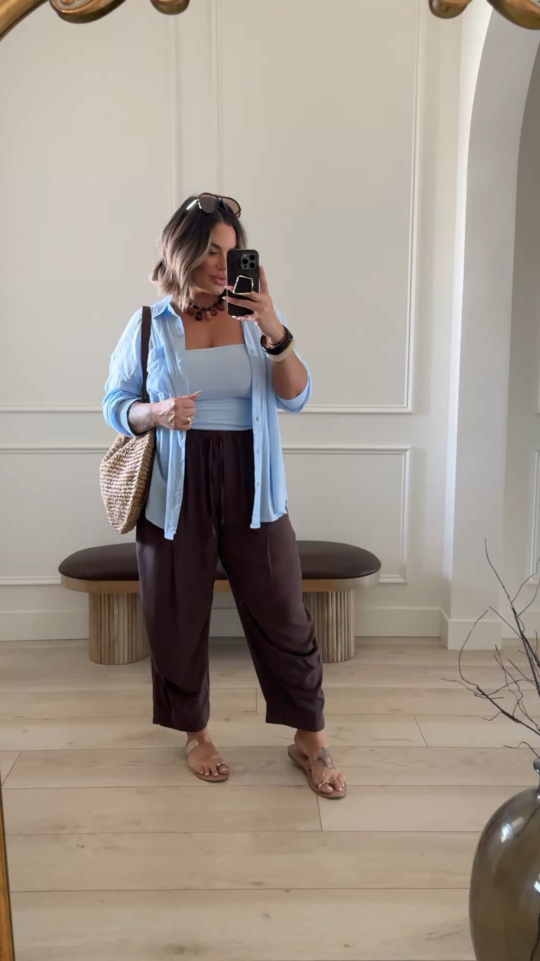 Tube top L 
Shirt L 
Pants M size down but hang dry only or they will get super short 
Sandals are old linked similar 