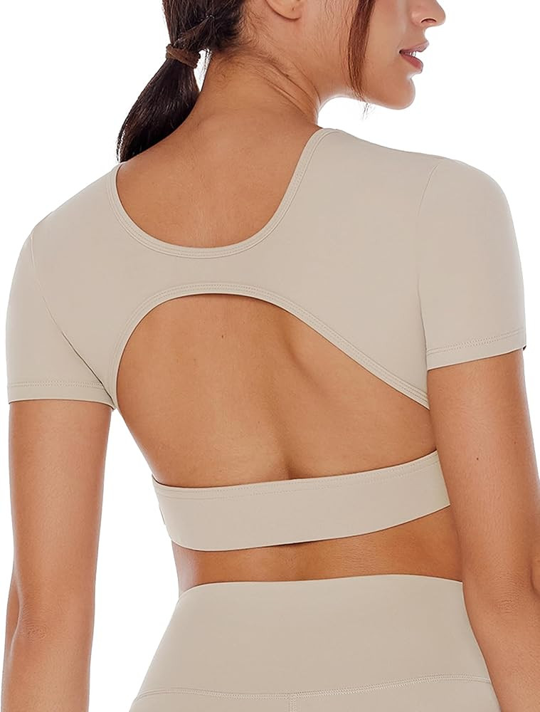 Open Back Workout Crop Tops for Women Backless Yoga Shirts Gym Short Sleeve Mild Support Compress... | Amazon (US)