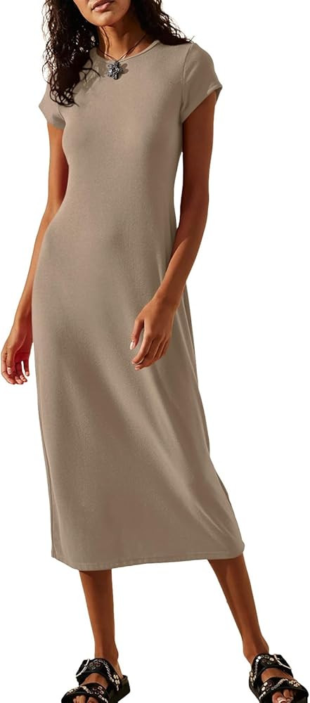Wenrine Womens Short Sleeve T-Shirt Dress Summer Crew Neck Stretchy Basic Solid Casual Midi Dress... | Amazon (US)