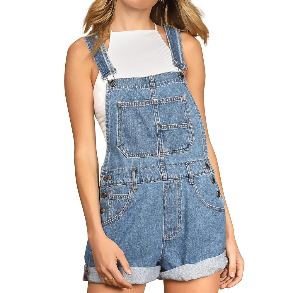 Women's Casual Denim Bib Overall Shorts Adjustable Straps Cuffed Hem Shortall Rompers | Amazon (US)