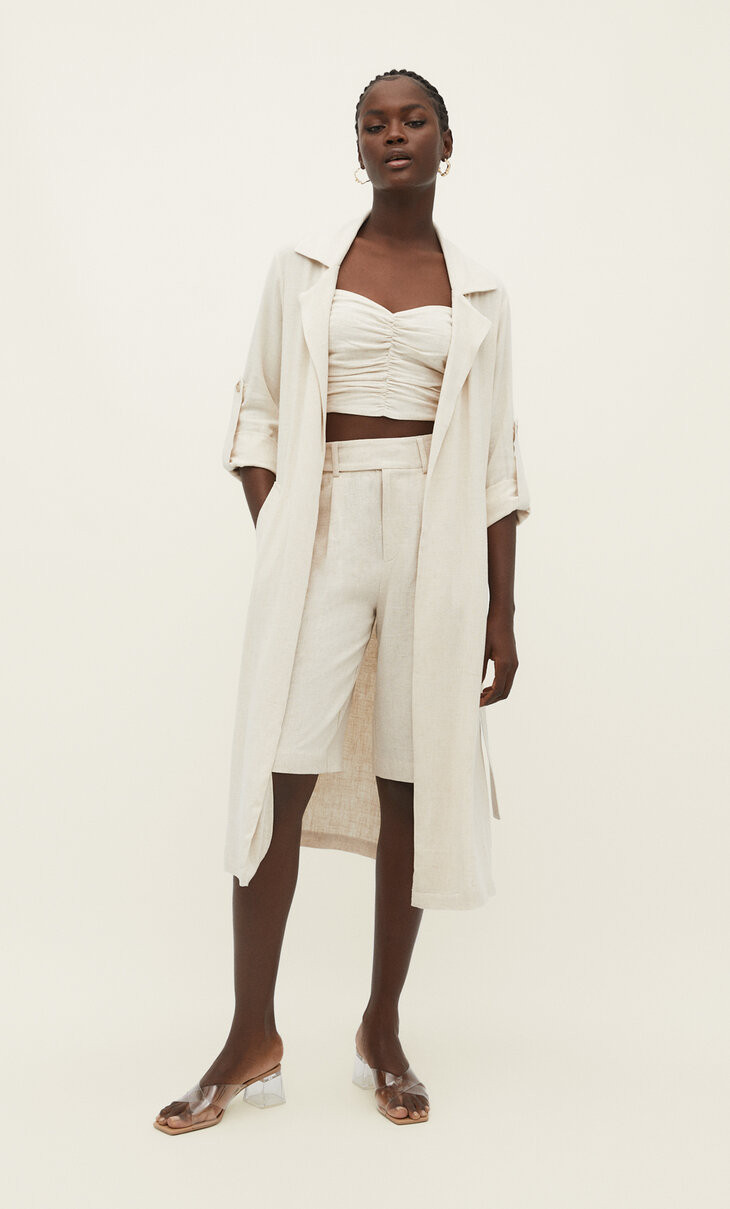 Long linen blend trench coat | Stradivarius (UK)