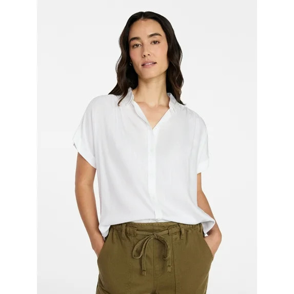 Time and Tru Women's Chambray Camp Shirt with Short Sleeves, Sizes XS-XXXL | Walmart (US)