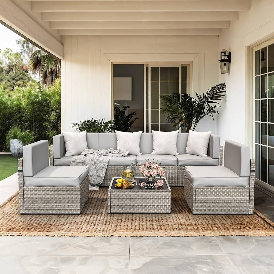 Pamapic 7 Piece Outdoor Sectional Furniture Set, All-Weather Wicker Patio Furniture with Washable... | Amazon (US)
