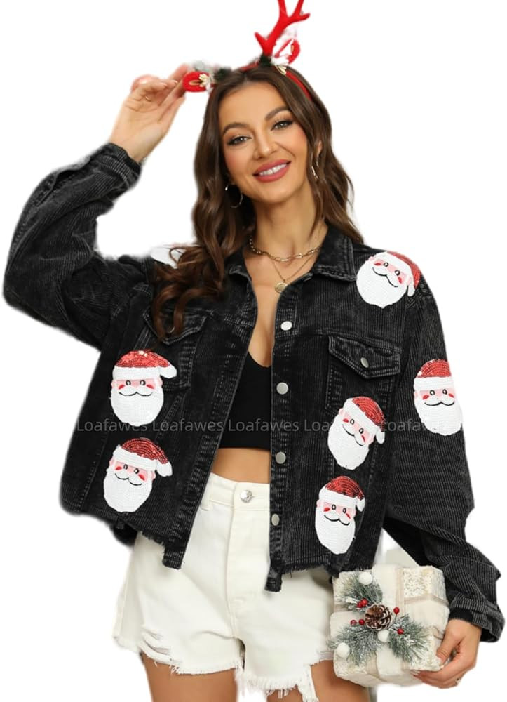 Women's Christmas Distressed Cropped Corduroy Jacket Santa Sequin Patched Short Jacket Coat With ... | Amazon (US)