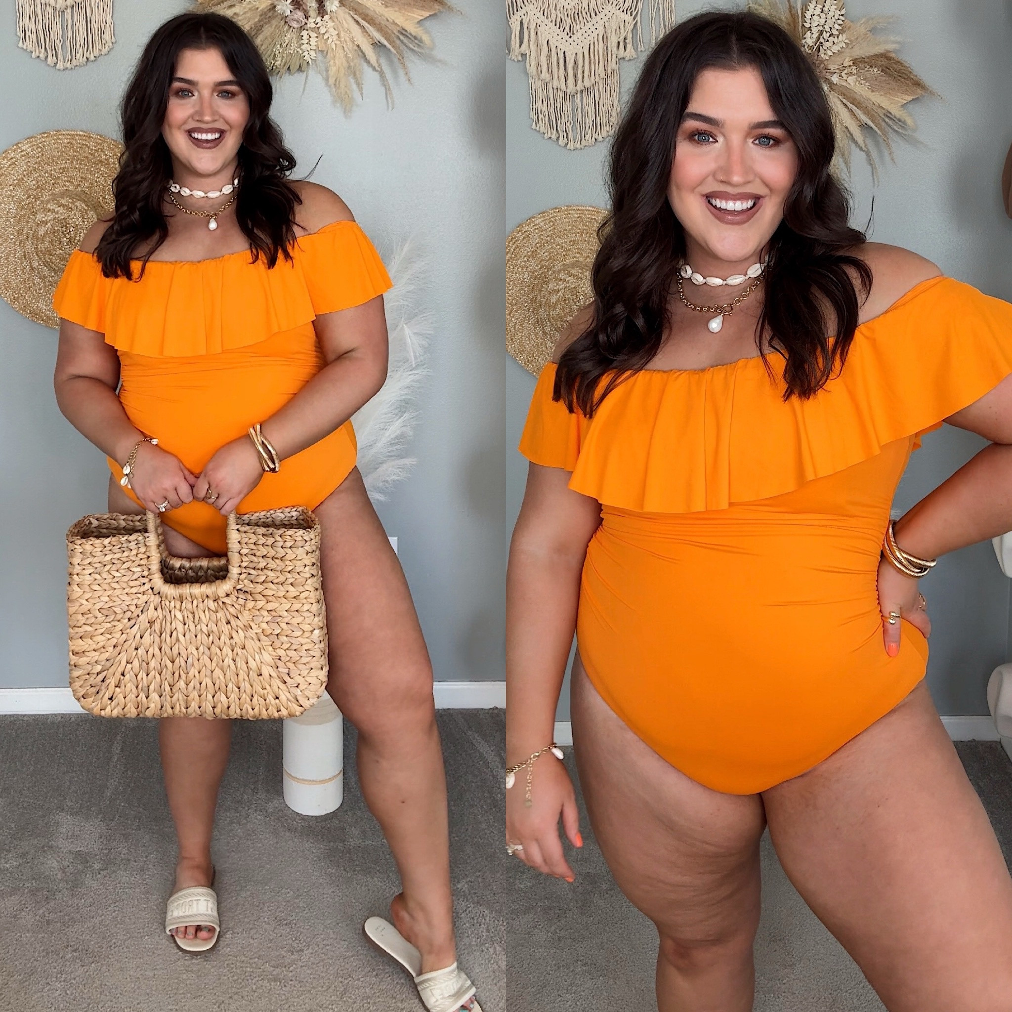 Amazon orange vacation outfit inspo ☀️ Ruffle off the shoulder one piece swimsuit, sandals, rattan bag
Swimsuit 18 plus 
Great option for beach vacation/resort wear 🌅 #resortwear

#LTKPlusSize #LTKSwim #LTKFindsUnder100