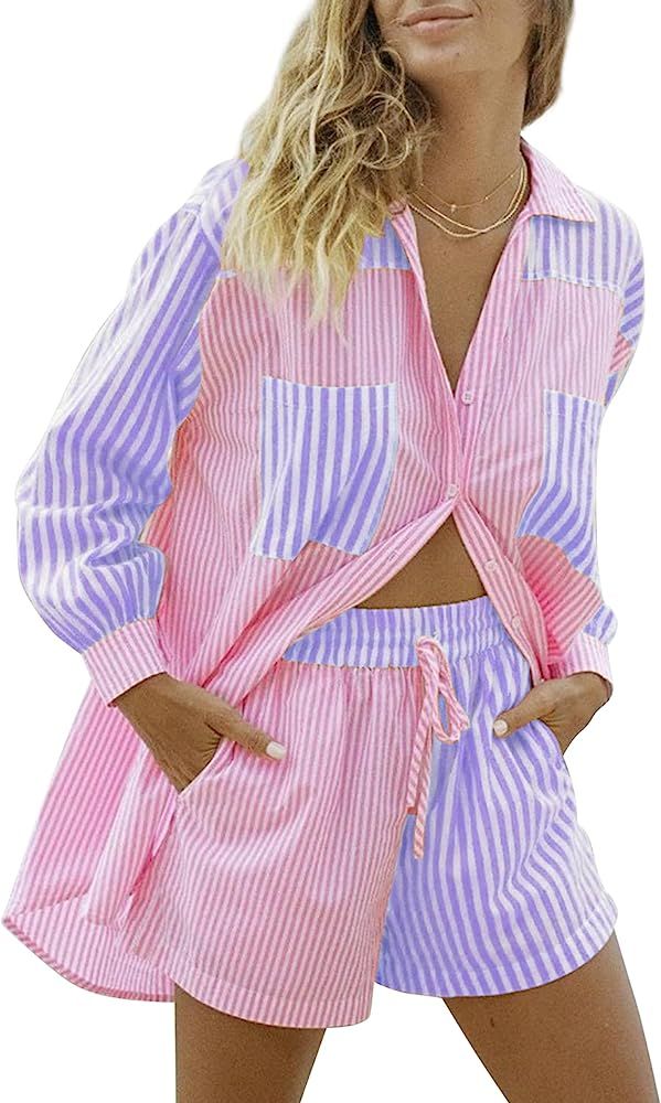 SAFRISIOR Women's Two Piece Short Sleeve Pajama Sets Button Down Top Elastic Waist Shorts Lounge ... | Amazon (US)