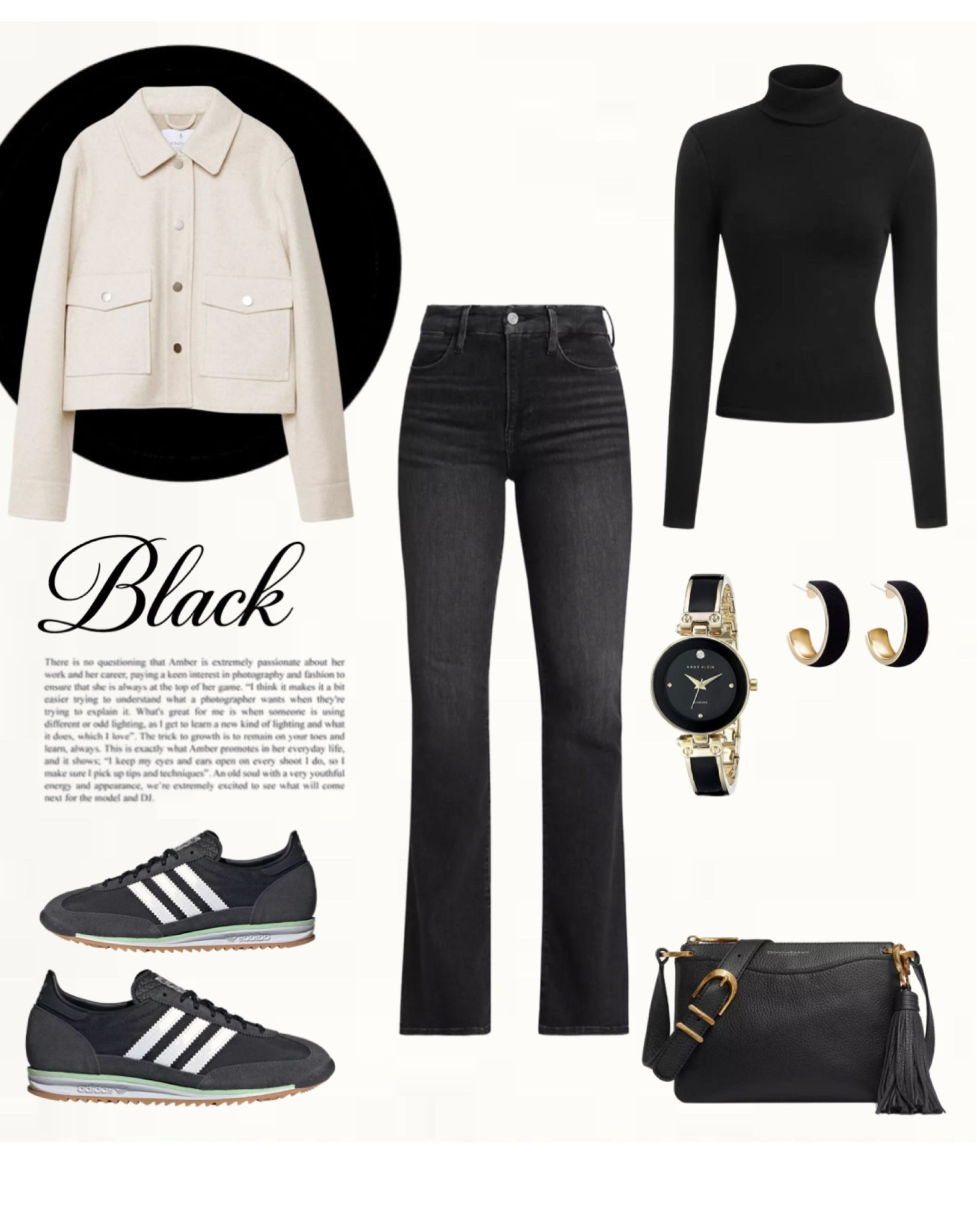 Effortless spring outfit with an ivory cropped jacket, black turtleneck sweater, dark charcoal straight-leg jeans, and black Adidas sneakers with white stripes. Finished with a black leather crossbody bag, black and gold watch, and gold and black hoop earrings for a casual chic everyday look.

#springoutfit #casualchicstyle #everydaystyle

#LTKootd #LTKSeasonal #LTKOver40