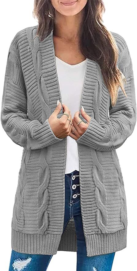 Jollycode Women's Long Sleeve Cable Knit Cardigan Open Front Loose Sweaters Fall Outwear Coat | Amazon (US)