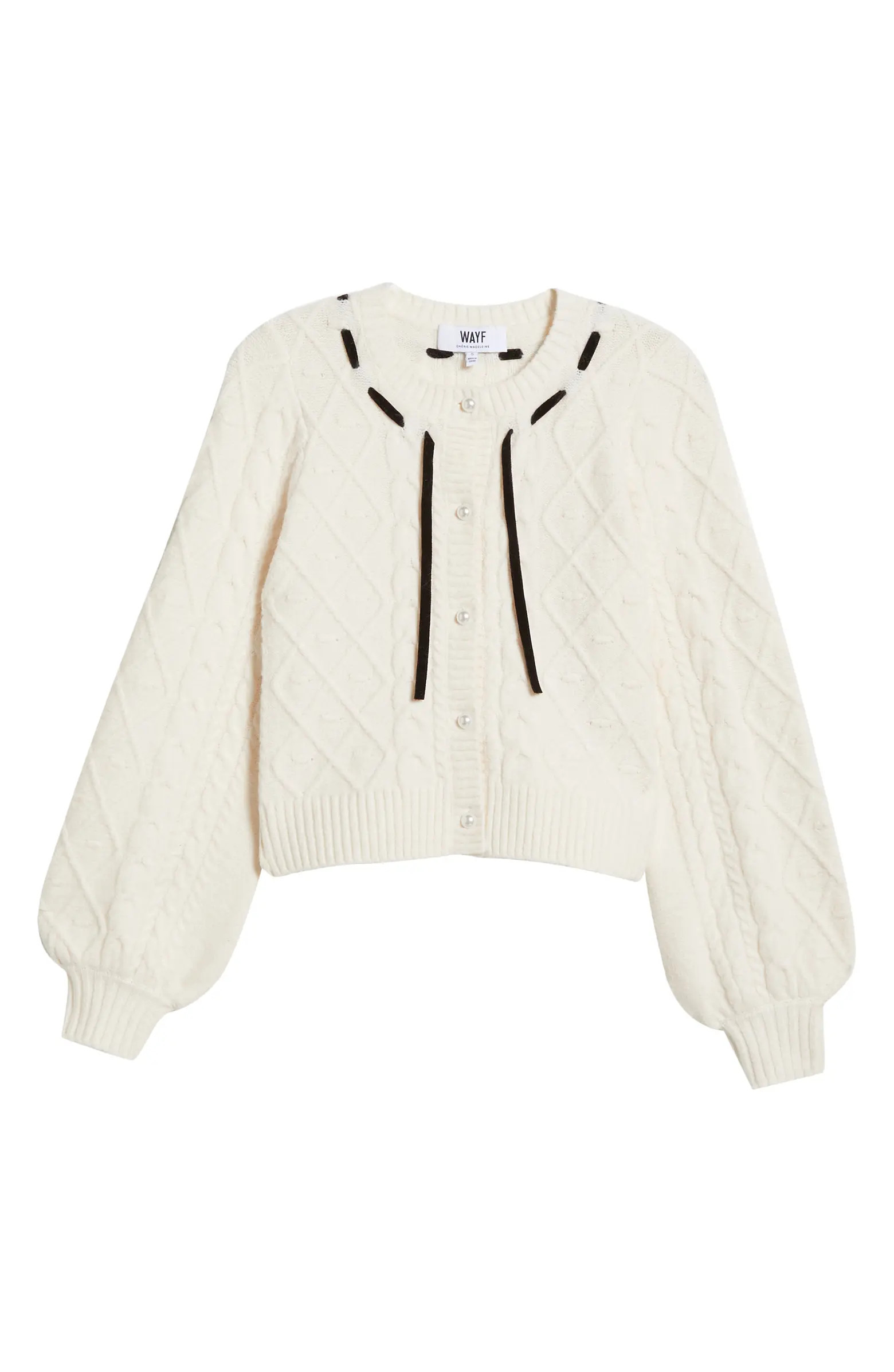 x CHÉRIE MADELEINE Joli Ribbon Trim Cable Cardigan | Nordstrom