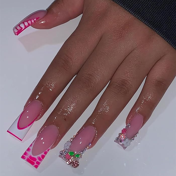 BABALAL Duck Nails Press ons Pink French Tips Press on Nails False Nails with Rhinestone Cherry F... | Amazon (US)