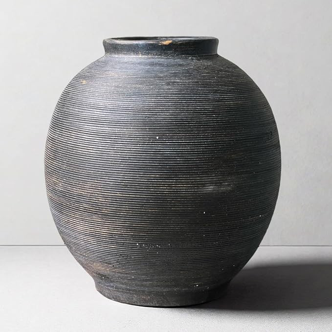 Large Black Ceramic Vase, 10.8" H, Black Bronze Glaze | Hand-made Textured, Round, Farmhouse Tabl... | Amazon (US)