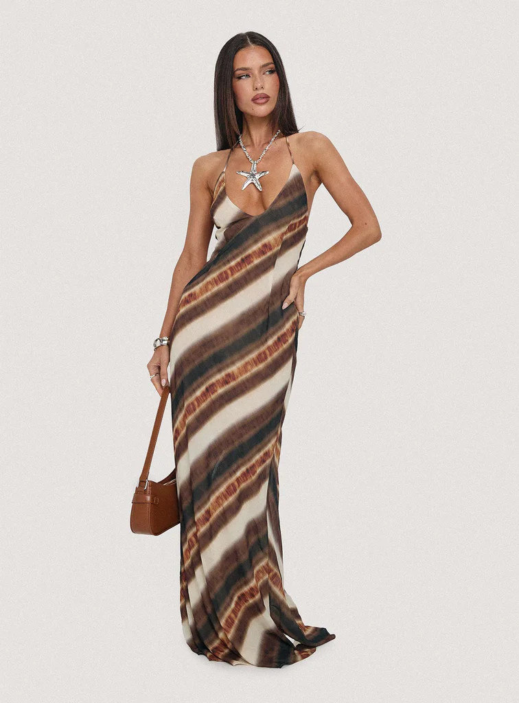Esmira Halter Maxi Dress Brown Stripe | Princess Polly US