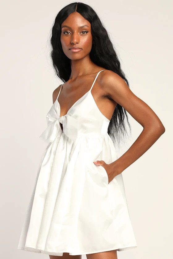 Baby Girl White Satin Babydoll Mini Dress With Pockets | Lulus