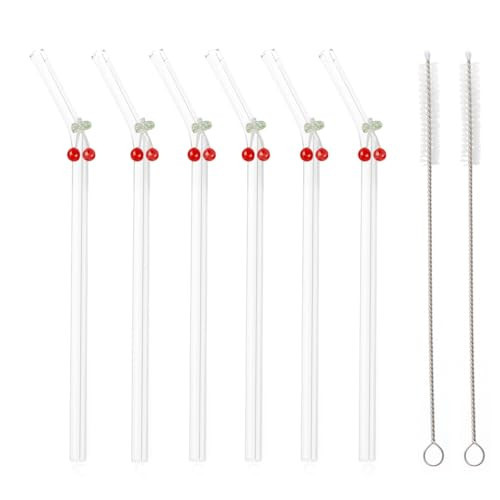 6 Pcs Glass Straws With Cherry Charms, Cute Fun Reusable With Design Clear Bent Straws, With 2 Pcs Straw Brush for Party Drink Cocktail (6 Pcs Cherry) | Amazon (US)