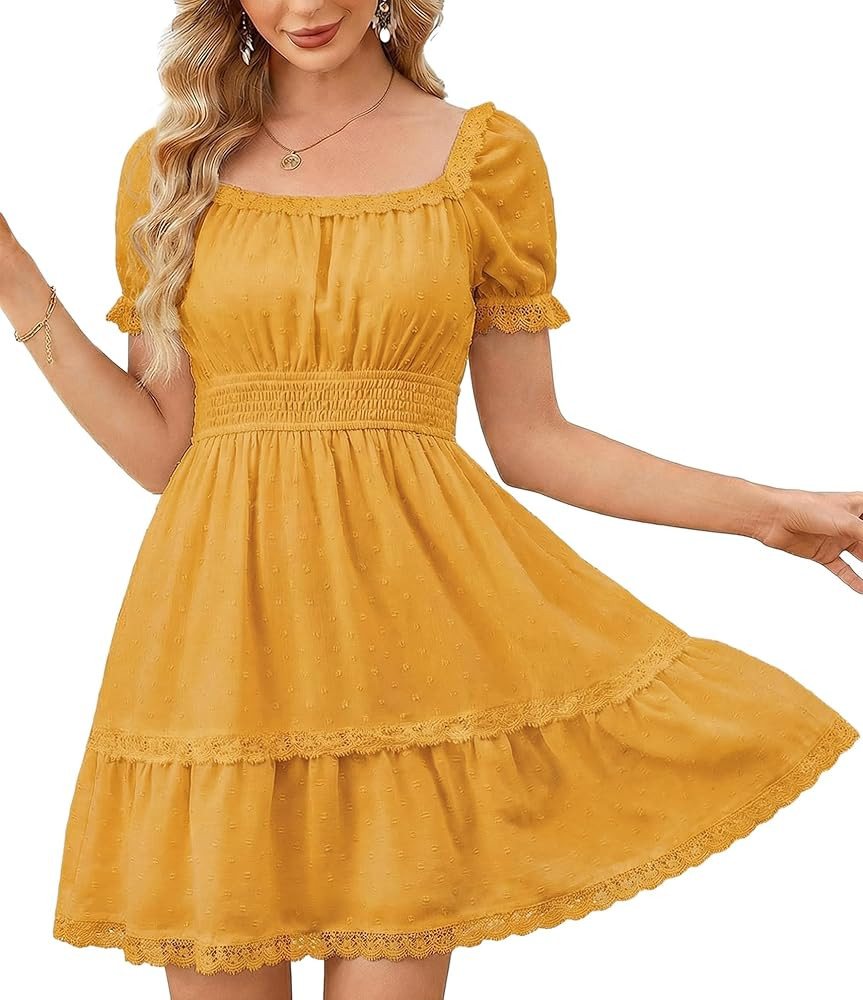 Florboom Women's 2026 Summer Boho Puff Sleeve Dresses Swiss Dot A Line Smocked Waist Mini Dress w... | Amazon (US)