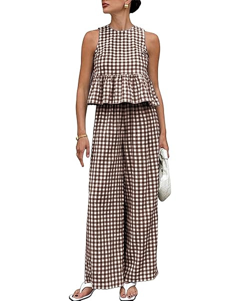 Tanming Women's 2 Piece Set Outfits Gingham Plaid Tank Tops Wide Leg Pants Matching Lounge Sets | Amazon (US)