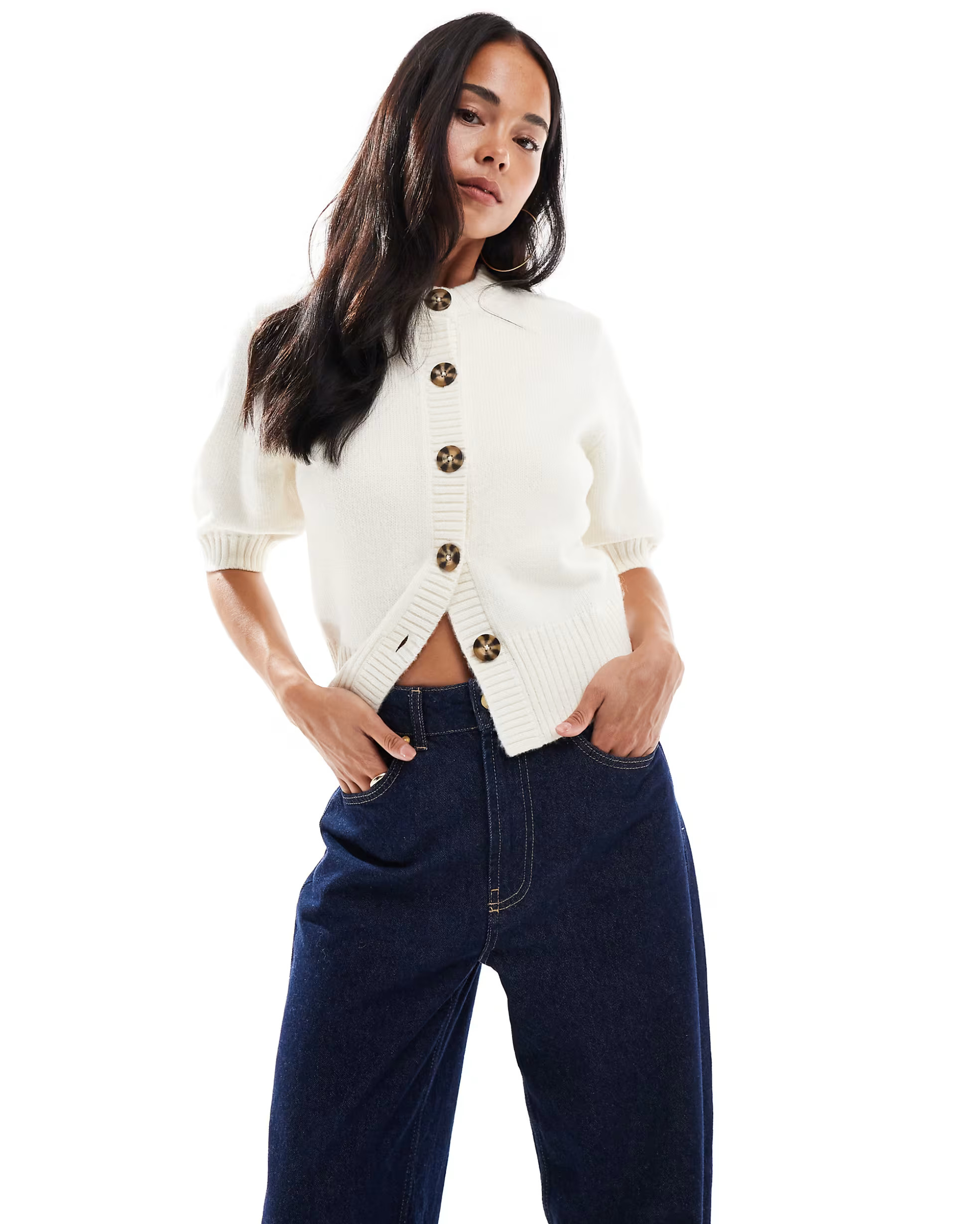 ASOS DESIGN short sleeve waisted crew neck cardigan in cream | ASOS | ASOS (Global)