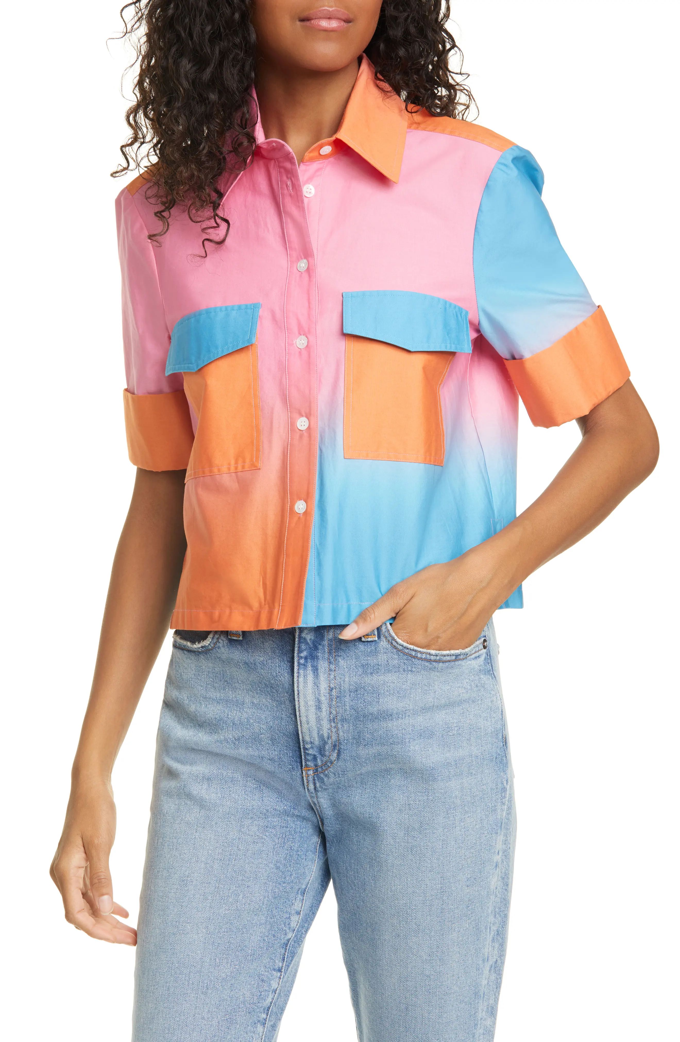Women's Staud Rue Colorblock Crop Shirt, Size Small - Pink | Nordstrom
