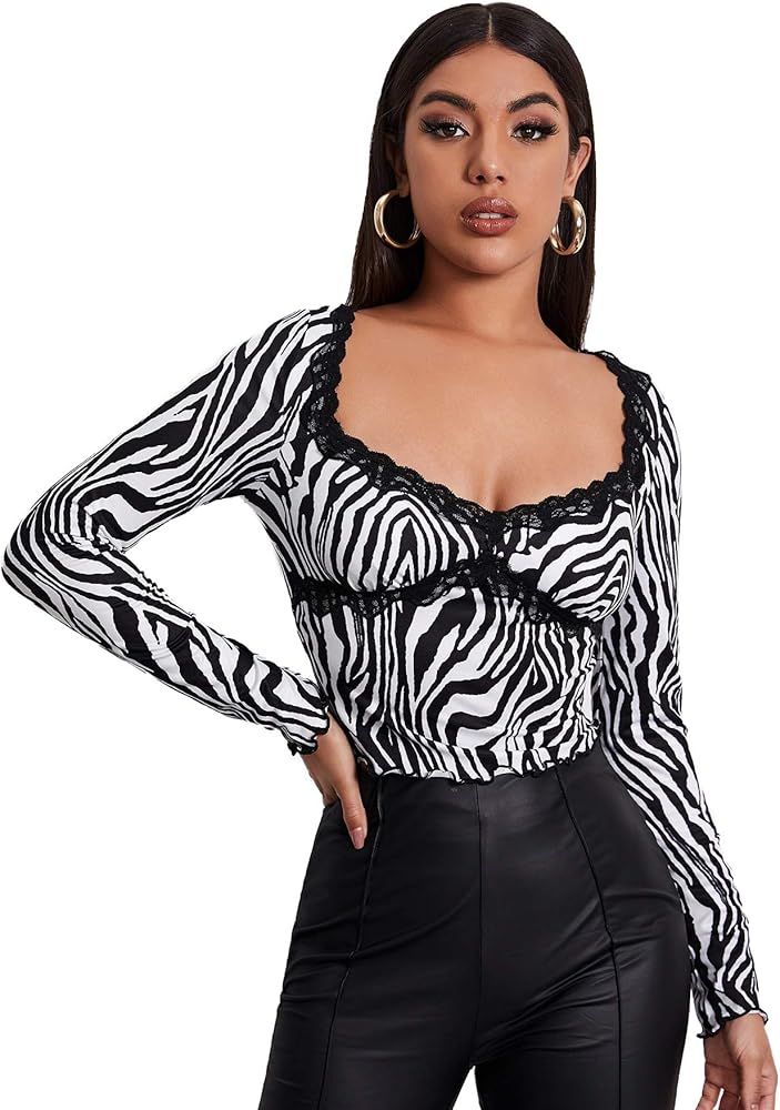 Floerns Women's Zebra Strip Sweetheart Neck Long Sleeve Lace Trim Crop Top Tee | Amazon (US)