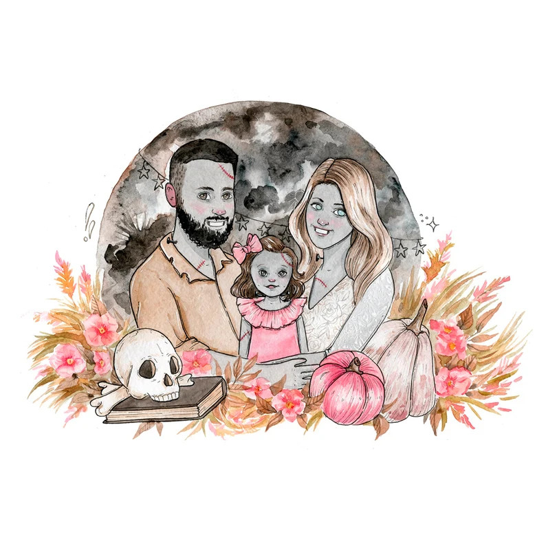 Halloween family custom watercolor portrait - 2 Adults + 2-3 Kids under 12 y.o. + pets (optionall... | Etsy (US)