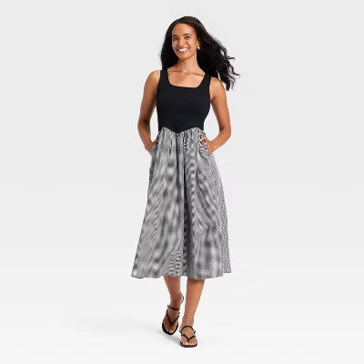 Women's Pullover Knit to Woven Midi Dress - A New Day™ Black/White Gingham M | Target