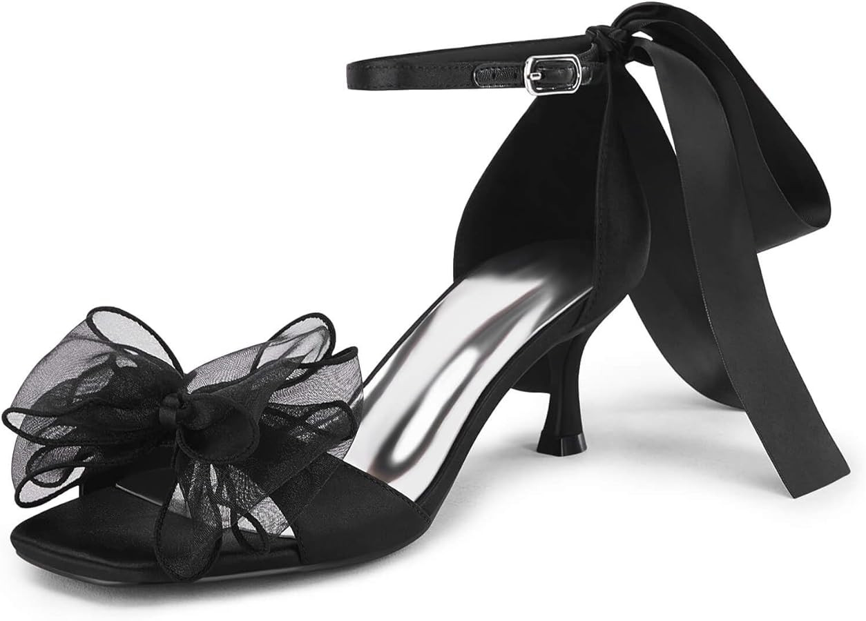 Coutgo Womens Bow Kitten Heels Sandals Square Open Toe Ankle Strap Satin Ribbon Wedding Dress Sho... | Amazon (US)