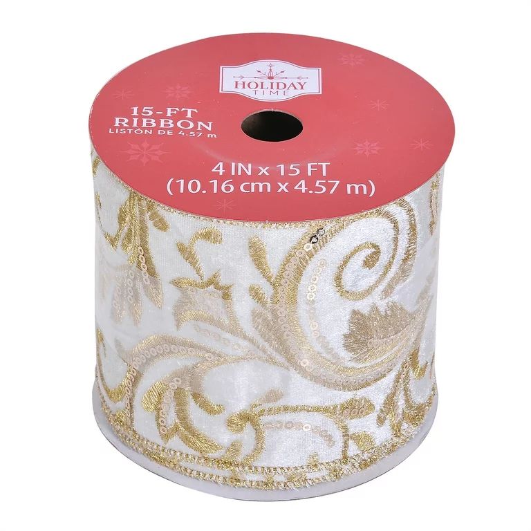 Cream Velvet Filigree Christmas Ribbon Embroidered with Sequins, 4" x 15', by Holiday Time, Made ... | Walmart (US)