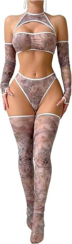 Women's 6 Piece Lingerie Set Floral Print Sheer Mesh Halter Tops and Thongs Gloves and Stockings | Amazon (US)