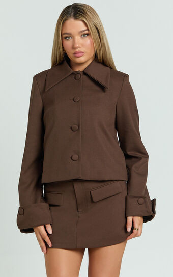 Yvette Jacket - Button Down Collared Jacket in Chocolate | Showpo (US, UK & Europe)