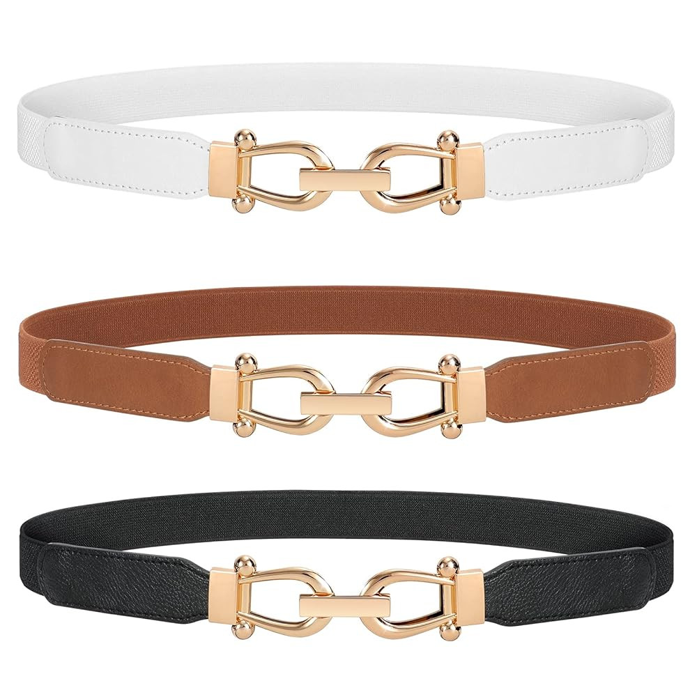 JASGOOD Women Stretchy Waist Belt Retro Elastic Skinny Belt for Ladies with Gold Buckle | Amazon (US)