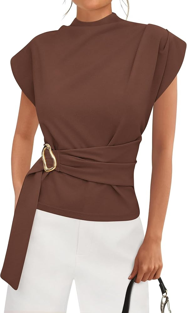 PRETTYGARDEN Women Blouses Spring Dressy Cap Sleeve Mock Neck Work Shirts Buckle Tunic Summer Bus... | Amazon (US)