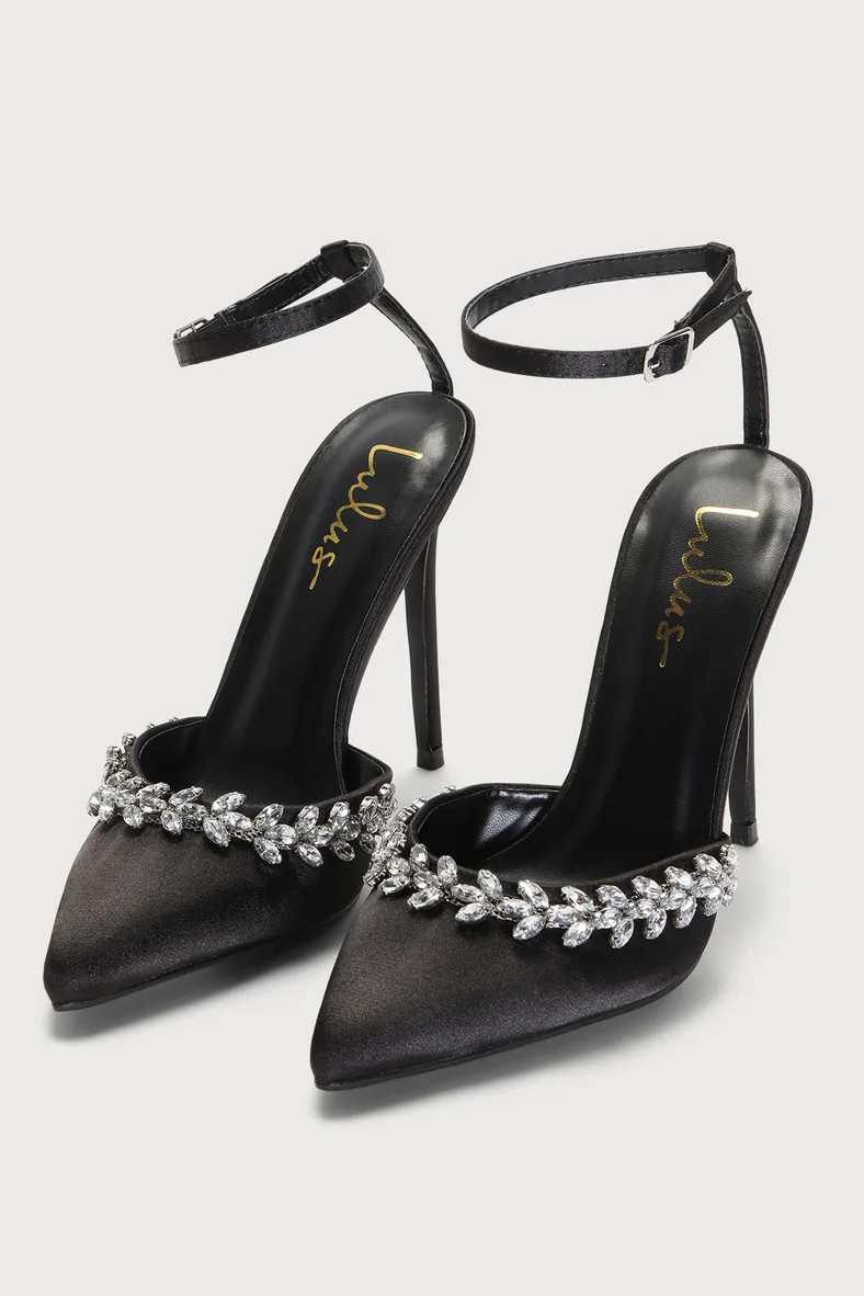 Gluray Black Satin Rhinestone Pointed-Toe Pumps | Lulus (US)