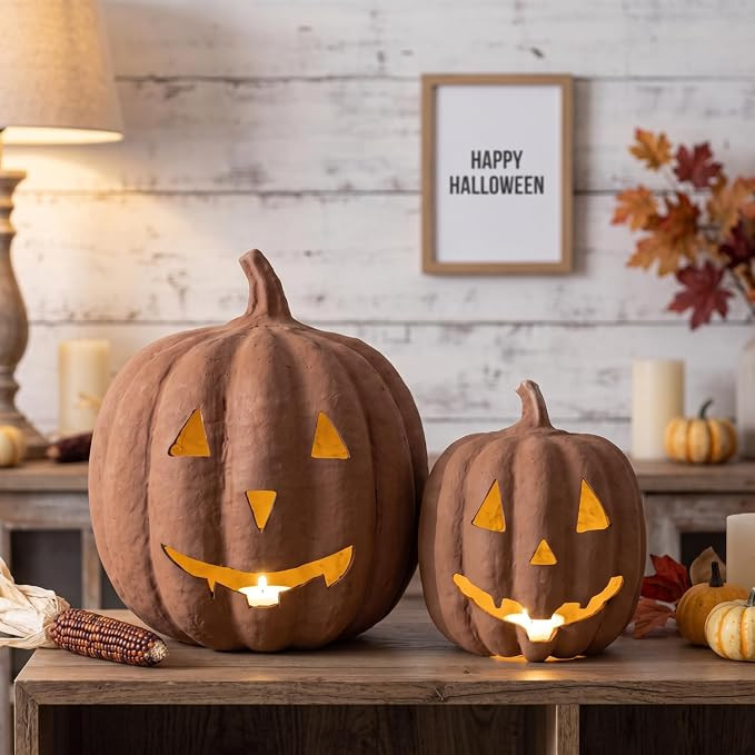 Tenceur 2 Pack Halloween Paper Mache Jack O' Lanterns Pumpkin Indoor, Brown | Amazon (US)