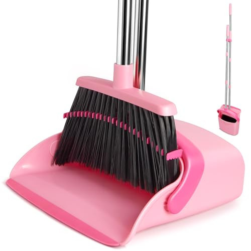 XXFLOWER Broom and Dustpan Set, Dustpans with Broom Combo for Home, Heavy Dust Broom and Dustpan Combo, Long Handle Dust Pan and Broom Set for Kitchen, Office, Pet Hair,Pink, Pack of 1 | Amazon (US)