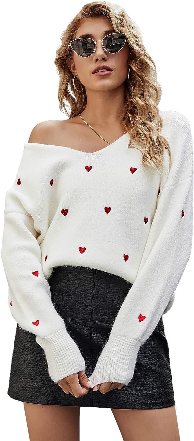 HZSONNE Womens Ripped Tassel High Low Hem V Neck One Shoulder Valentine Sweater Pullover Knitwear... | Amazon (US)