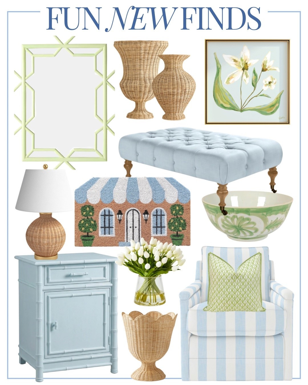 Fun New Finds

Home decor interior design coastal home front doormat porch artwork mirror beach house bamboo chinoiserie furniture living roomm

#LTKHome #LTKSeasonal