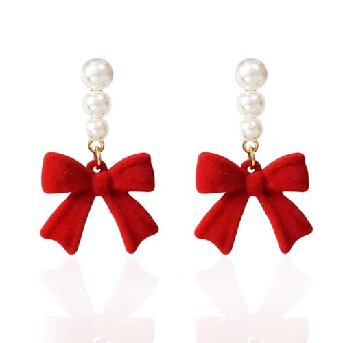 ecozran Christmas Bow Earrings for Women Sparkling Red Pearl Drop Dangle Earrings Hypoallergenic Anniversary Elegant Jewelry Gift for Women(S-Christmas1) | Amazon (US)