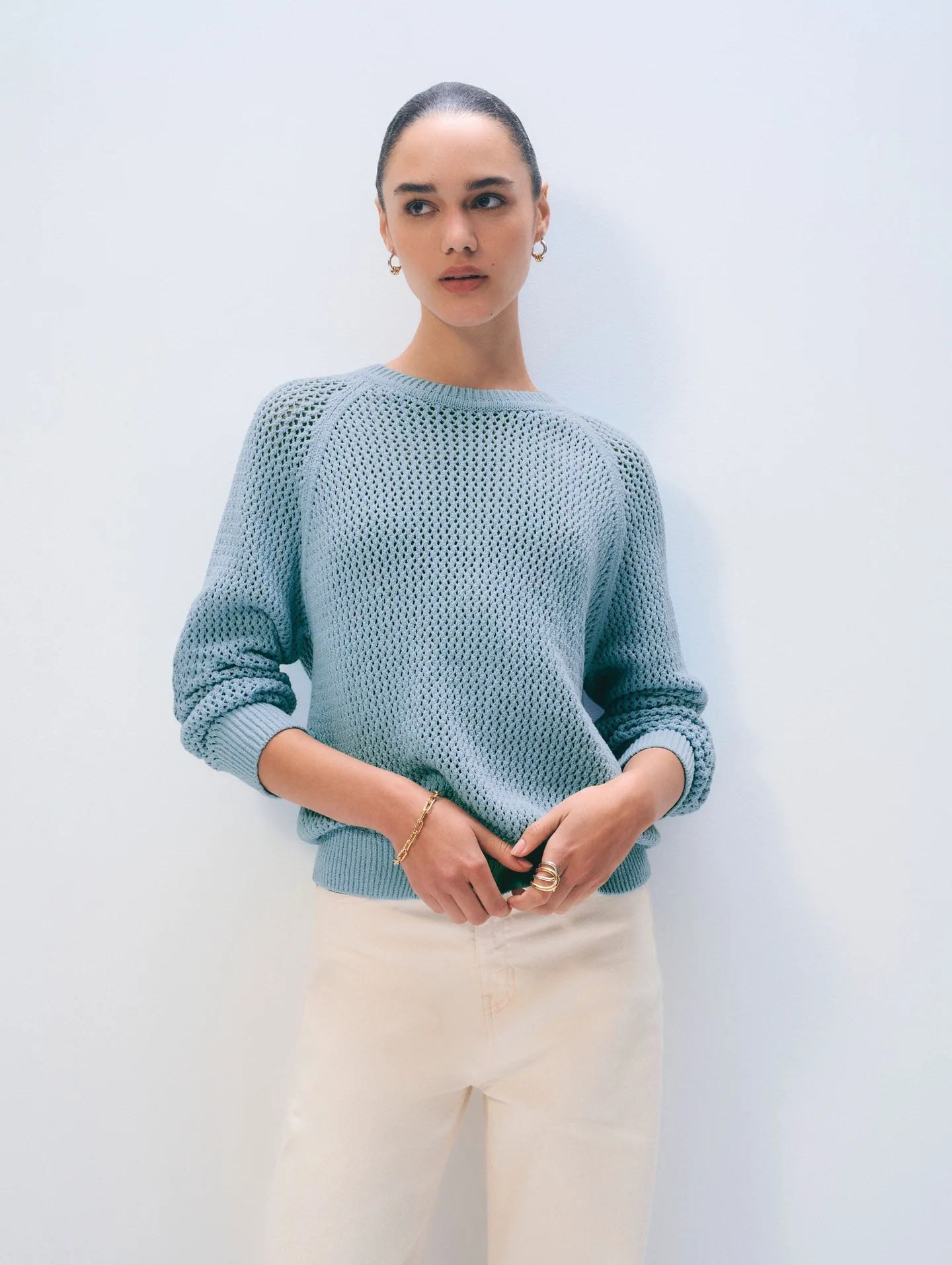 Fine Cotton Boucle Mesh Sweatshirt | Blue Marl | White and Warren